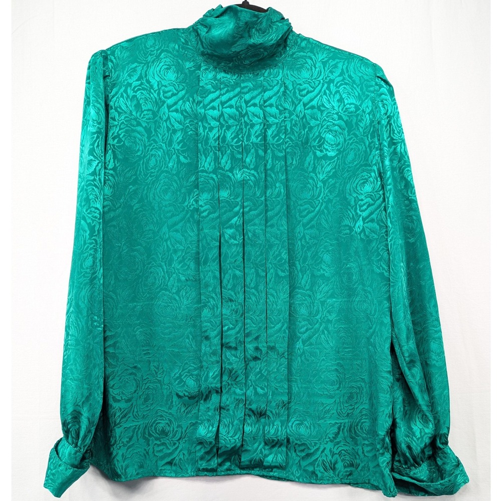 Karen Scott‎ Vintage Emerald Green Rose Print Mock Neck Pleated Blouse Sz 10
